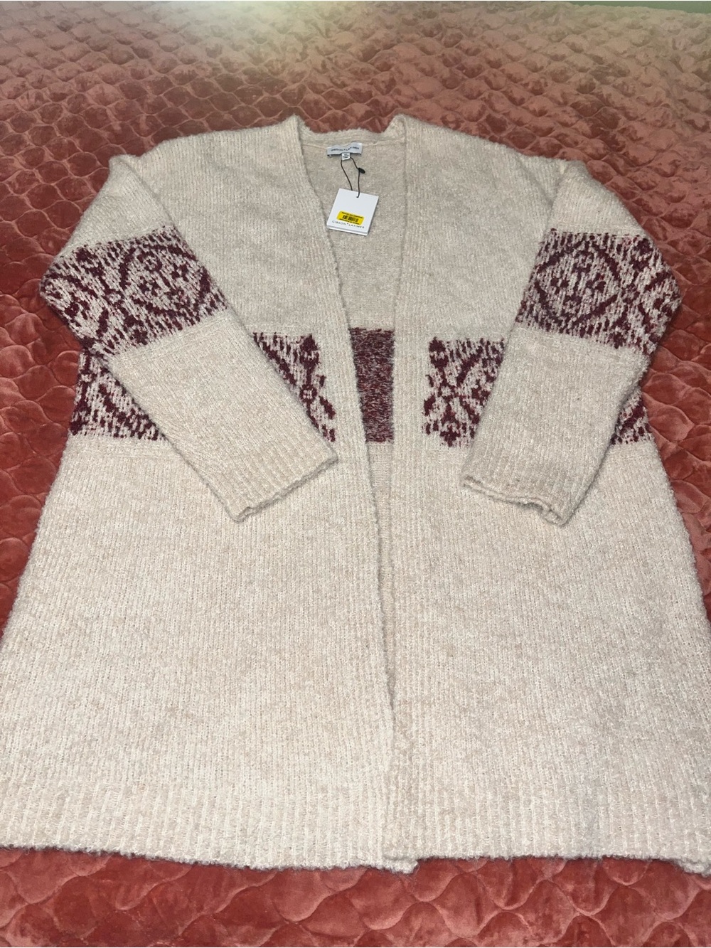 Gibson Latimer Cream Cardigan with Burgundy Fair Isle Bands